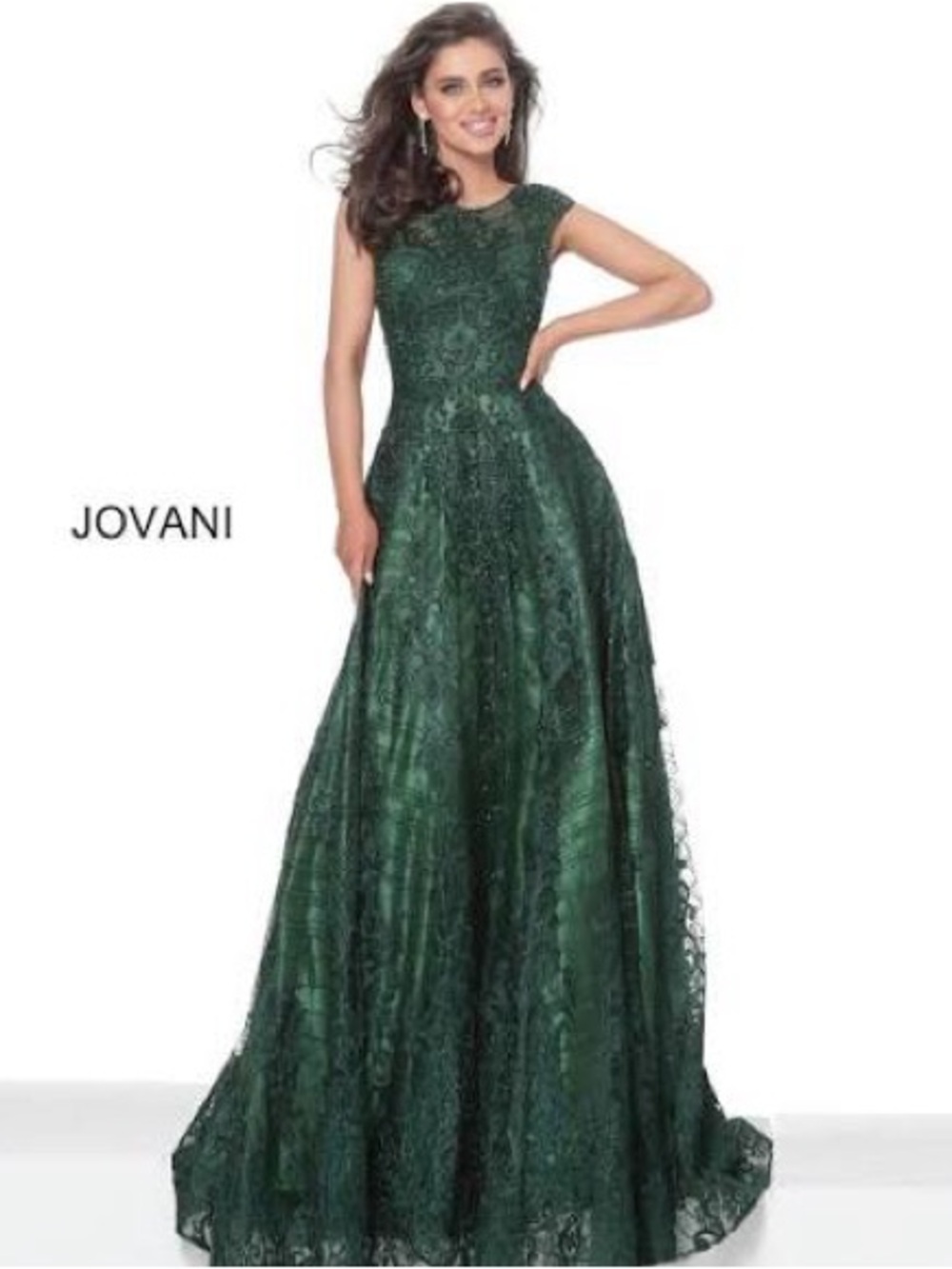 Jovani Dark Green Lace A-Line Evening Gown